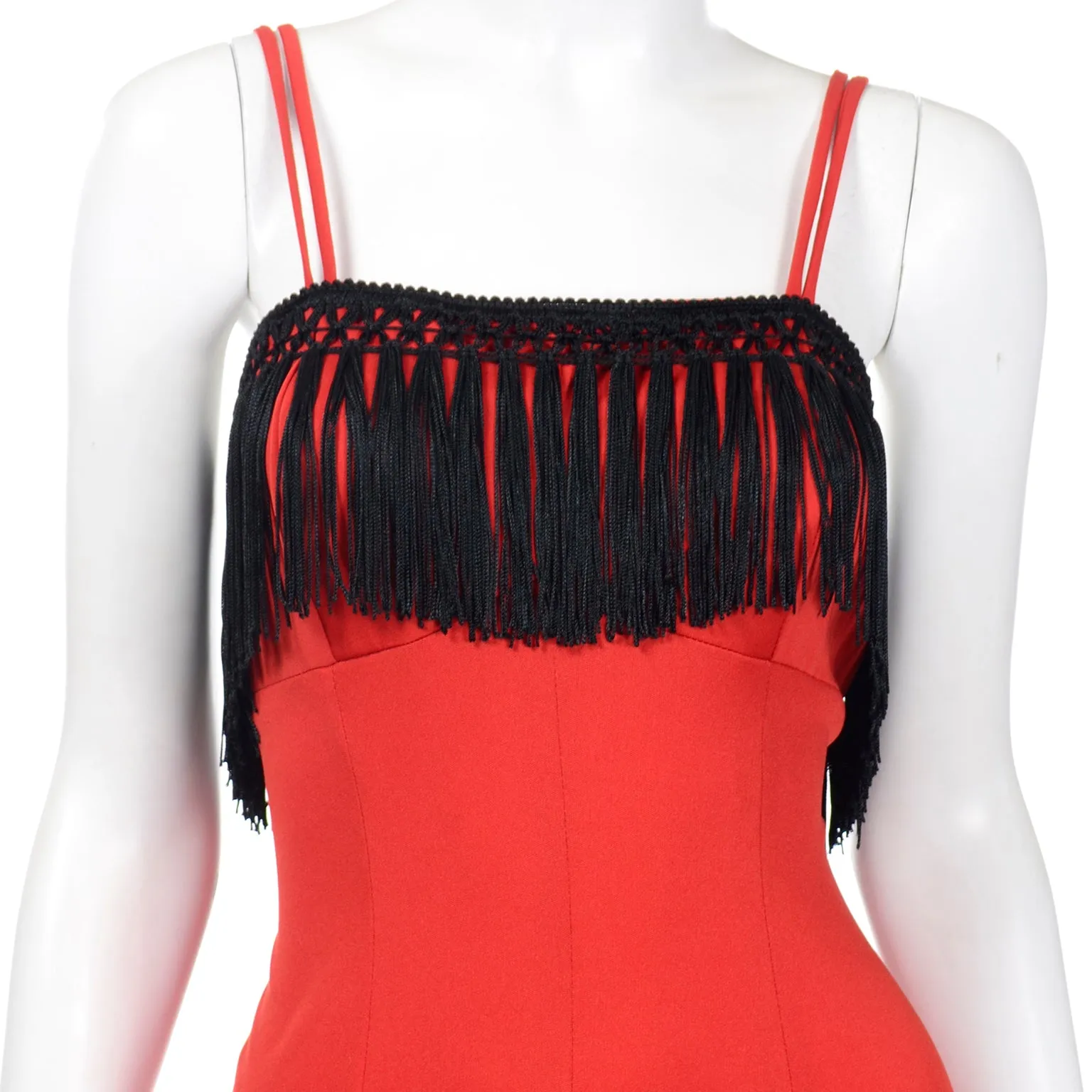 1970s Fredericks of Hollywood Red Jersey Jumpsuit with Black Fringe