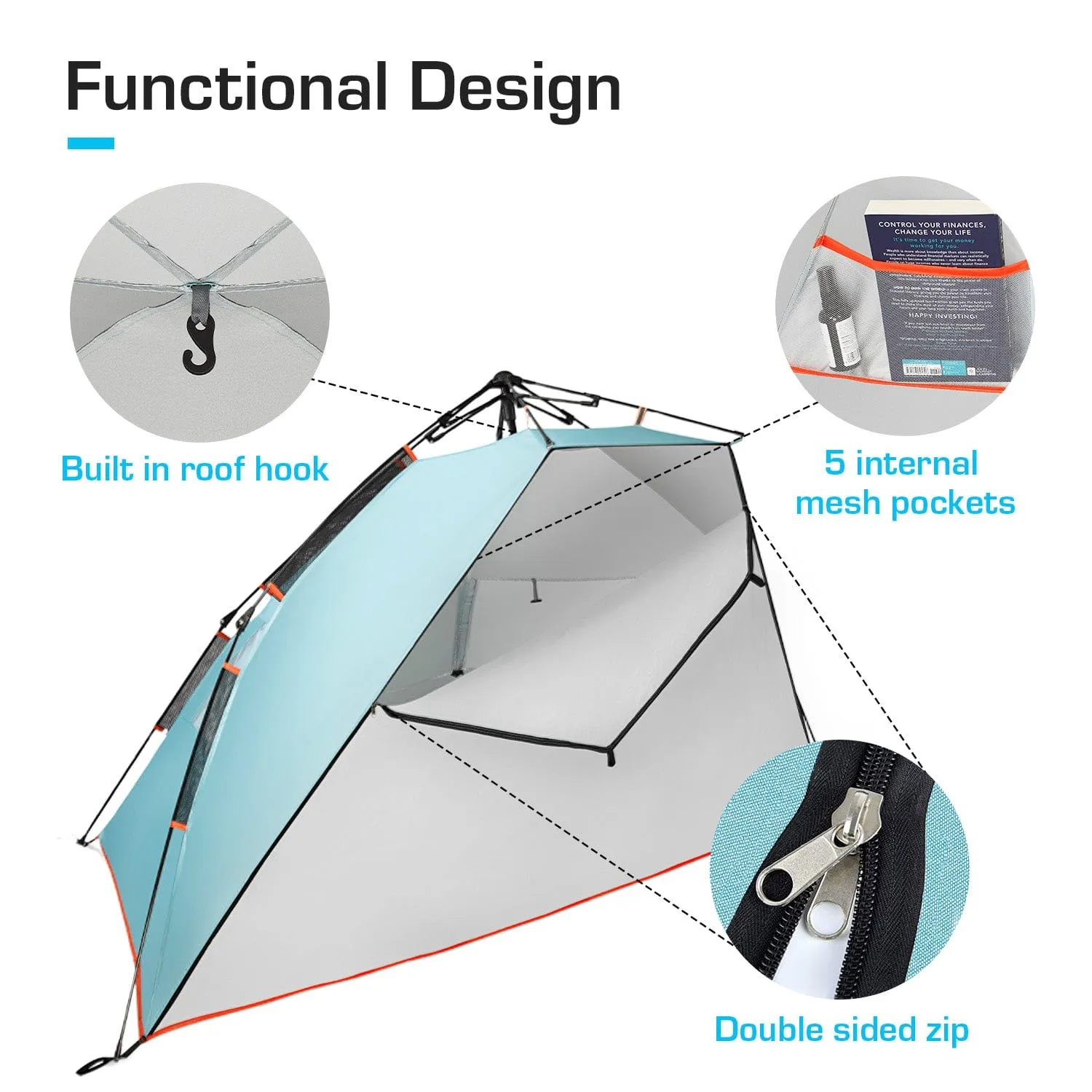 3-4 Person Luxury Beach Tent with UPF 50  Rated Sun Protection