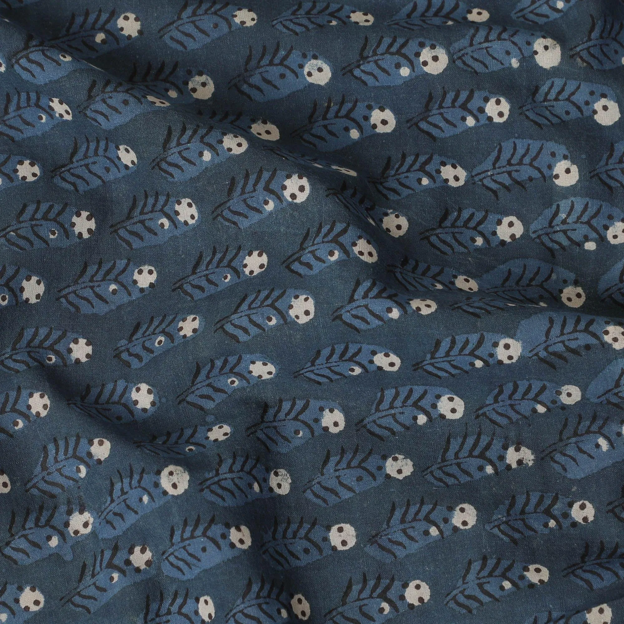 Air force blue organic cotton fabric with navy blue, brown and beige print in fancy design-D13871