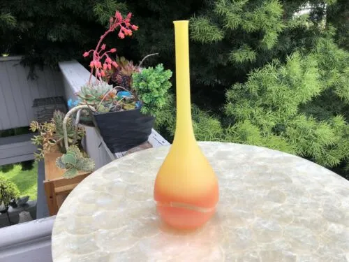 American Euro Modern Abstract Opaque Orange Yellow Swirl Art Glass Vase Hungary