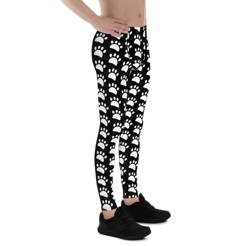 Animal Paw Black White Meggings, Cute White Print Black Men's Leggings Compression Running Tights