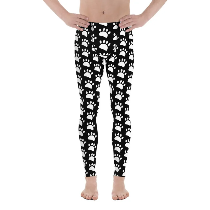 Animal Paw Black White Meggings, Cute White Print Black Men's Leggings Compression Running Tights