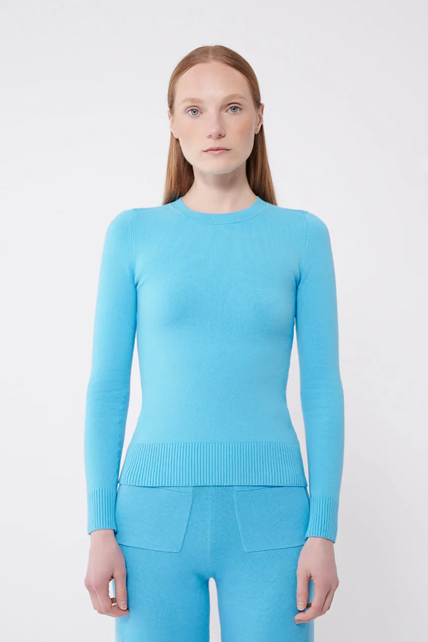 Aqua Blue Peachskin Long Sleeve Crew Neck