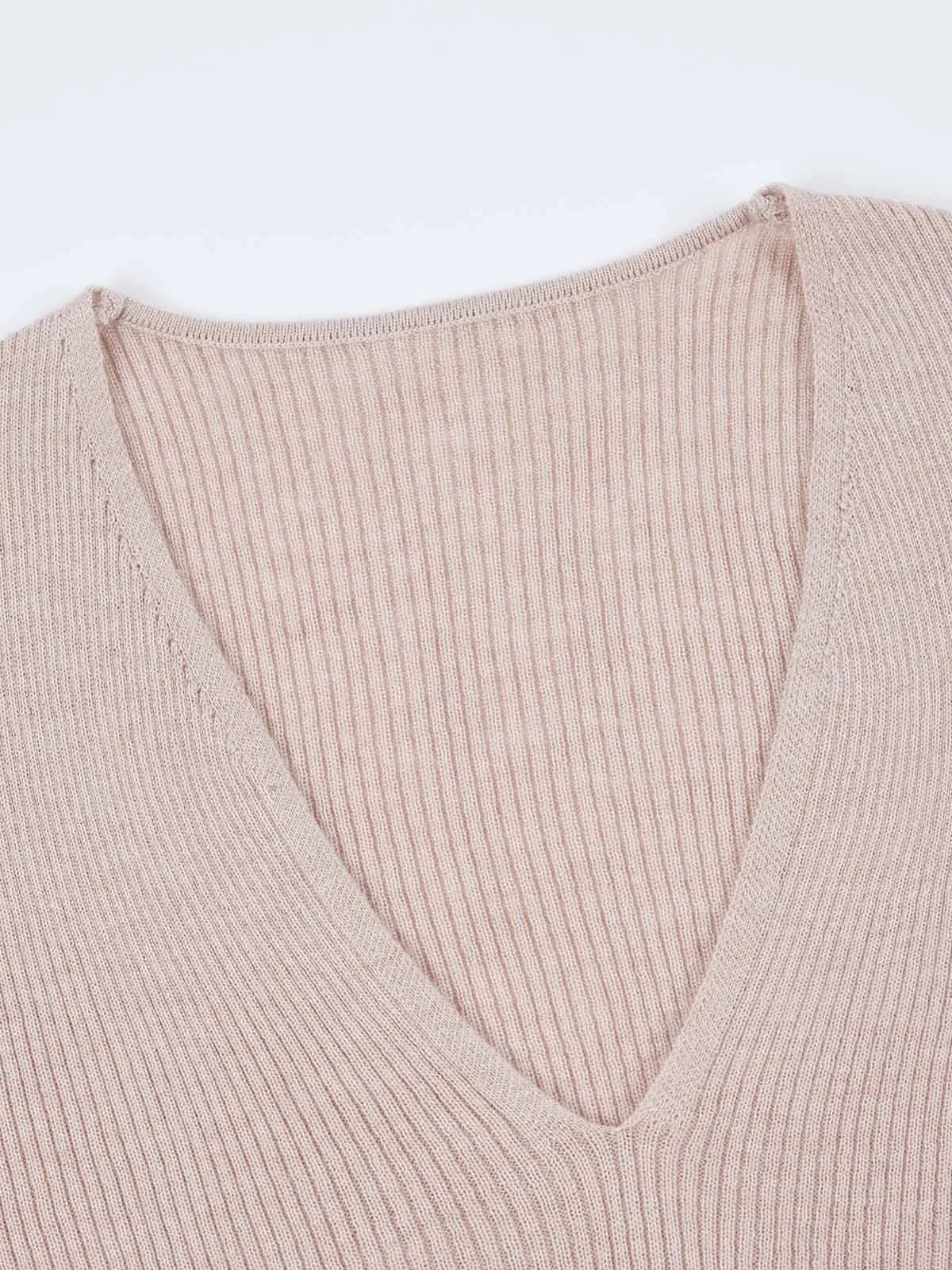 ASOBIO Lightweight merino V-Neck Ribbed Wool Knit Top