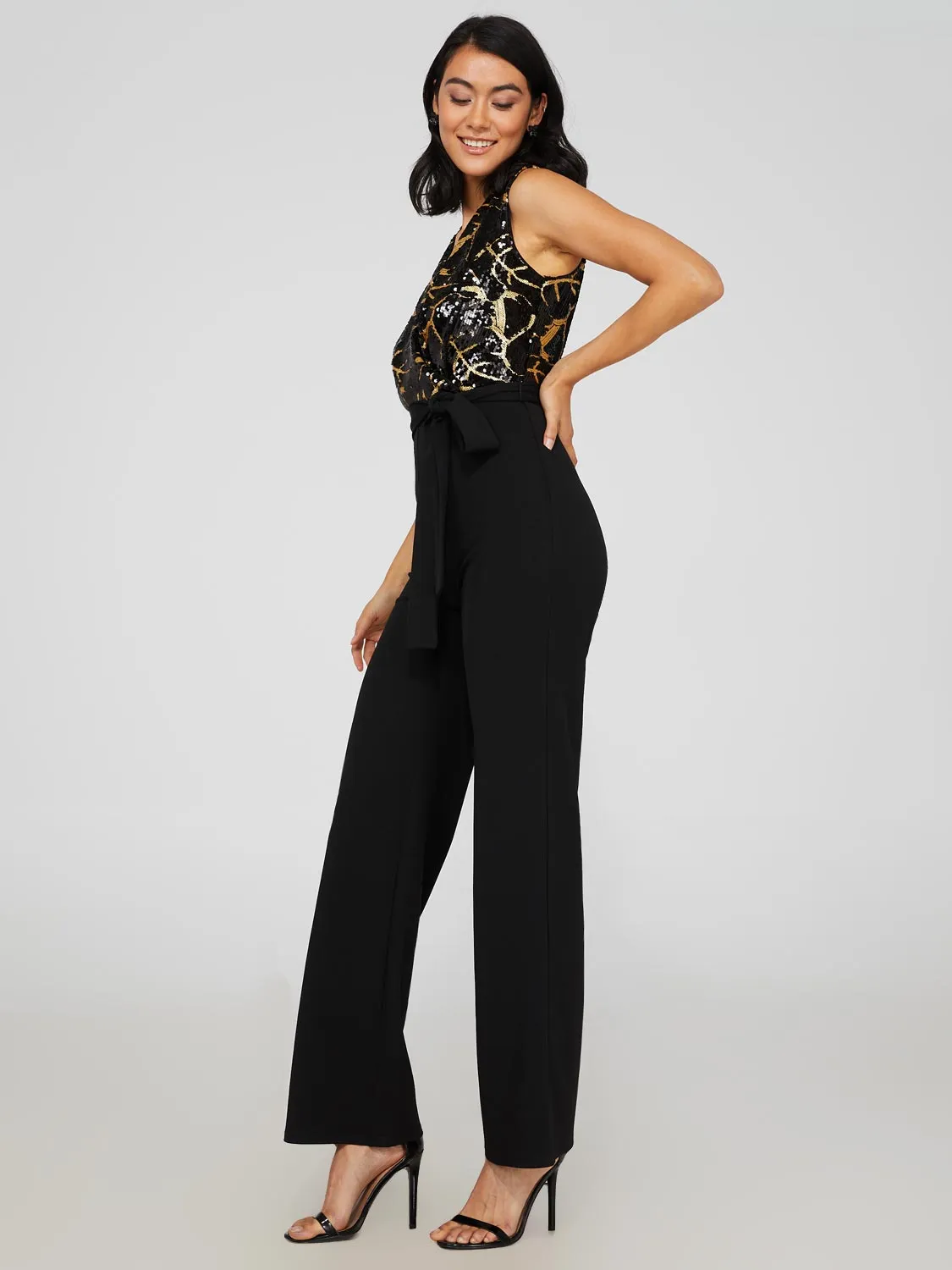 Black & Gold Sequin Wide Leg Jumpsuit