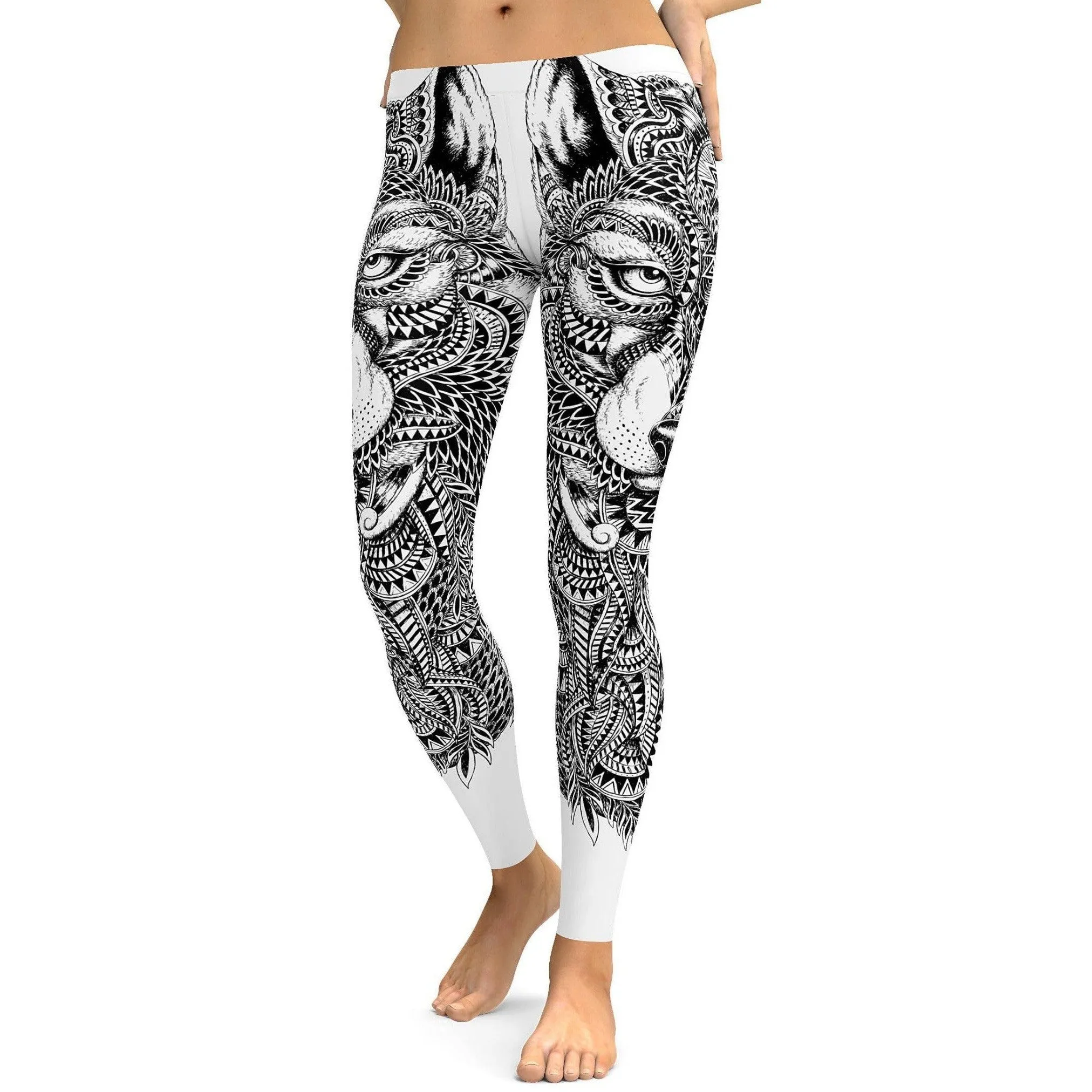 Black & White Zentangle Wolf Leggings