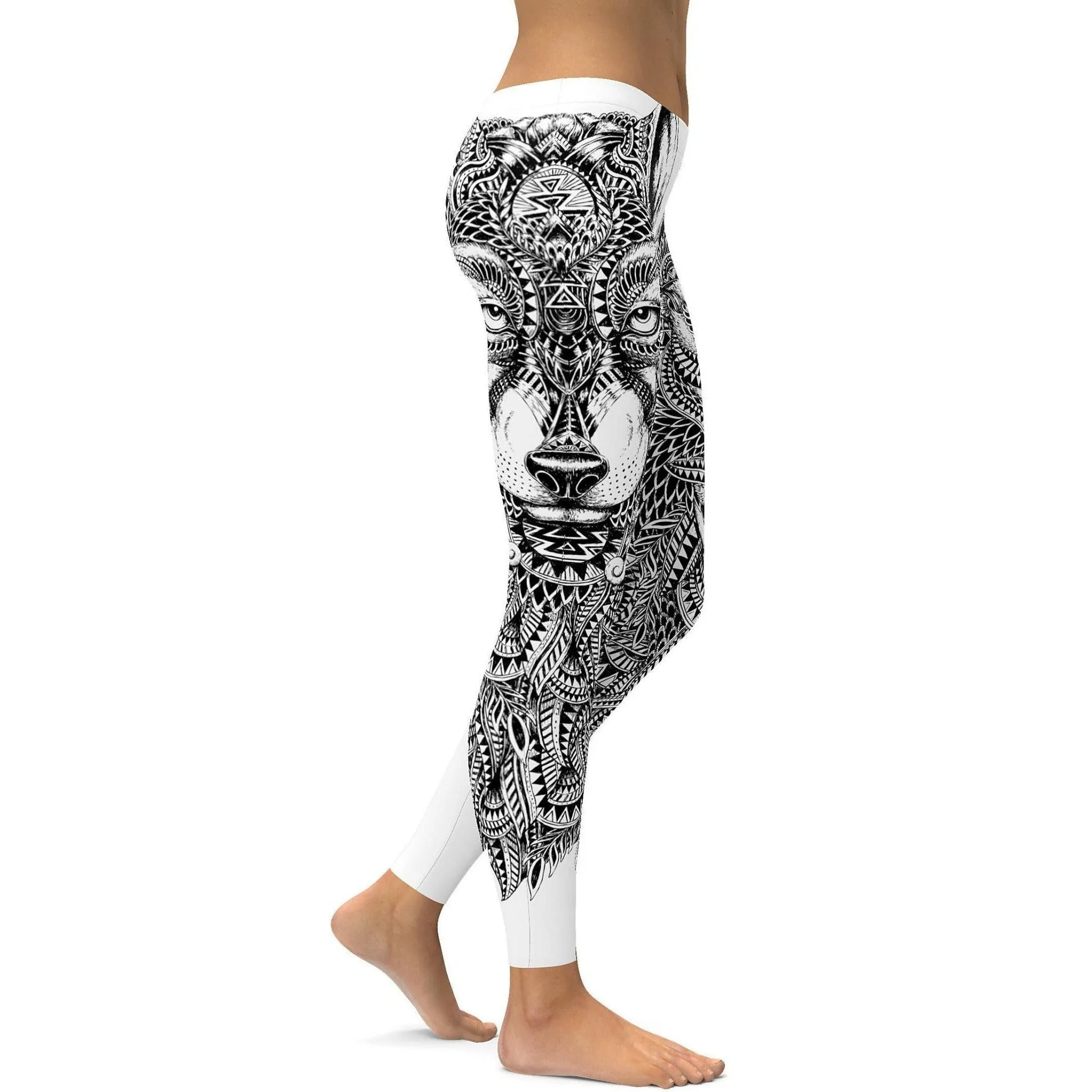 Black & White Zentangle Wolf Leggings