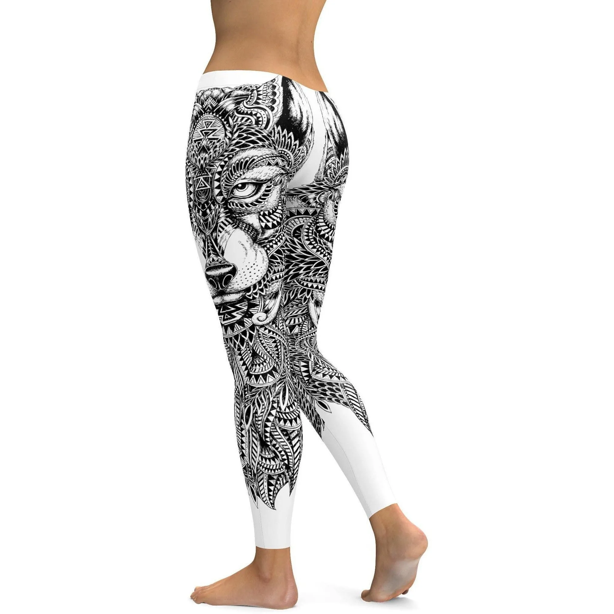 Black & White Zentangle Wolf Leggings