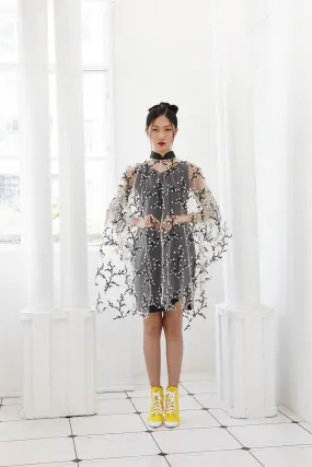 BLACK AND WHITE EMBROIDED TULLE WITH BLACK SATIN SILK PONCHO WITH DETACHABLE MANDARIN COLLAR AND INNER BIAS DRESS - BLACK