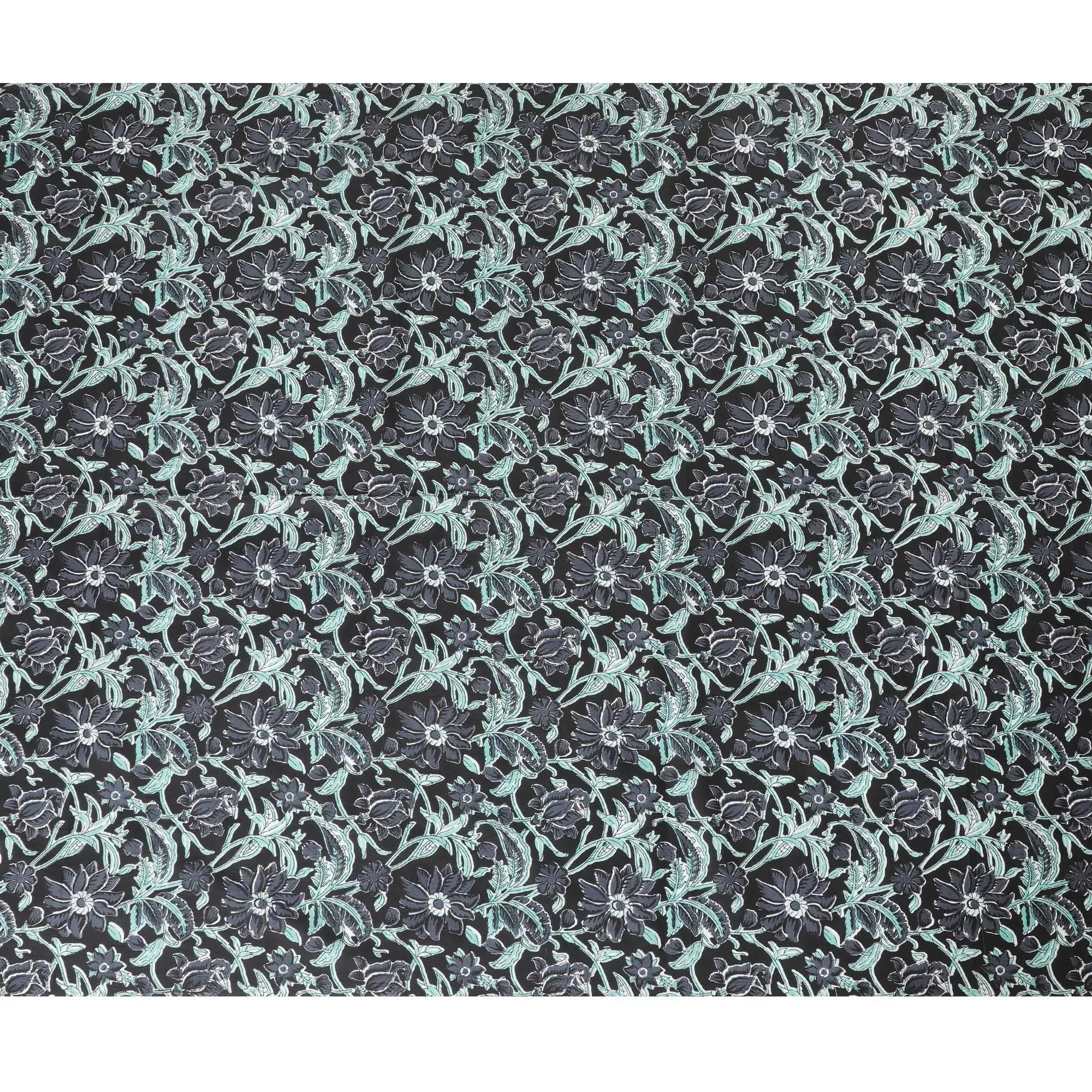 Black organic cotton fabric with stone grey, vista green and off white screen block print in floral design-D10283