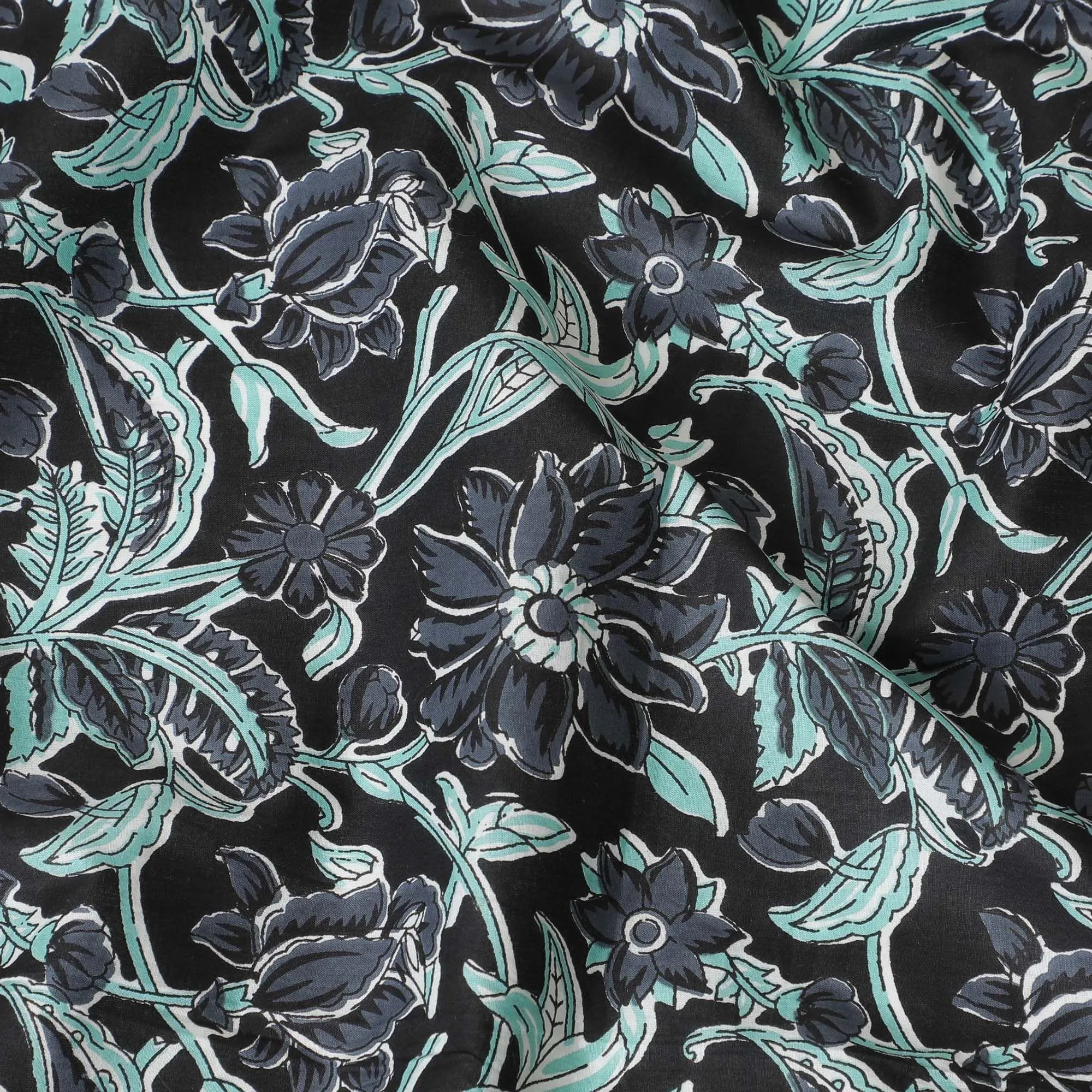 Black organic cotton fabric with stone grey, vista green and off white screen block print in floral design-D10283