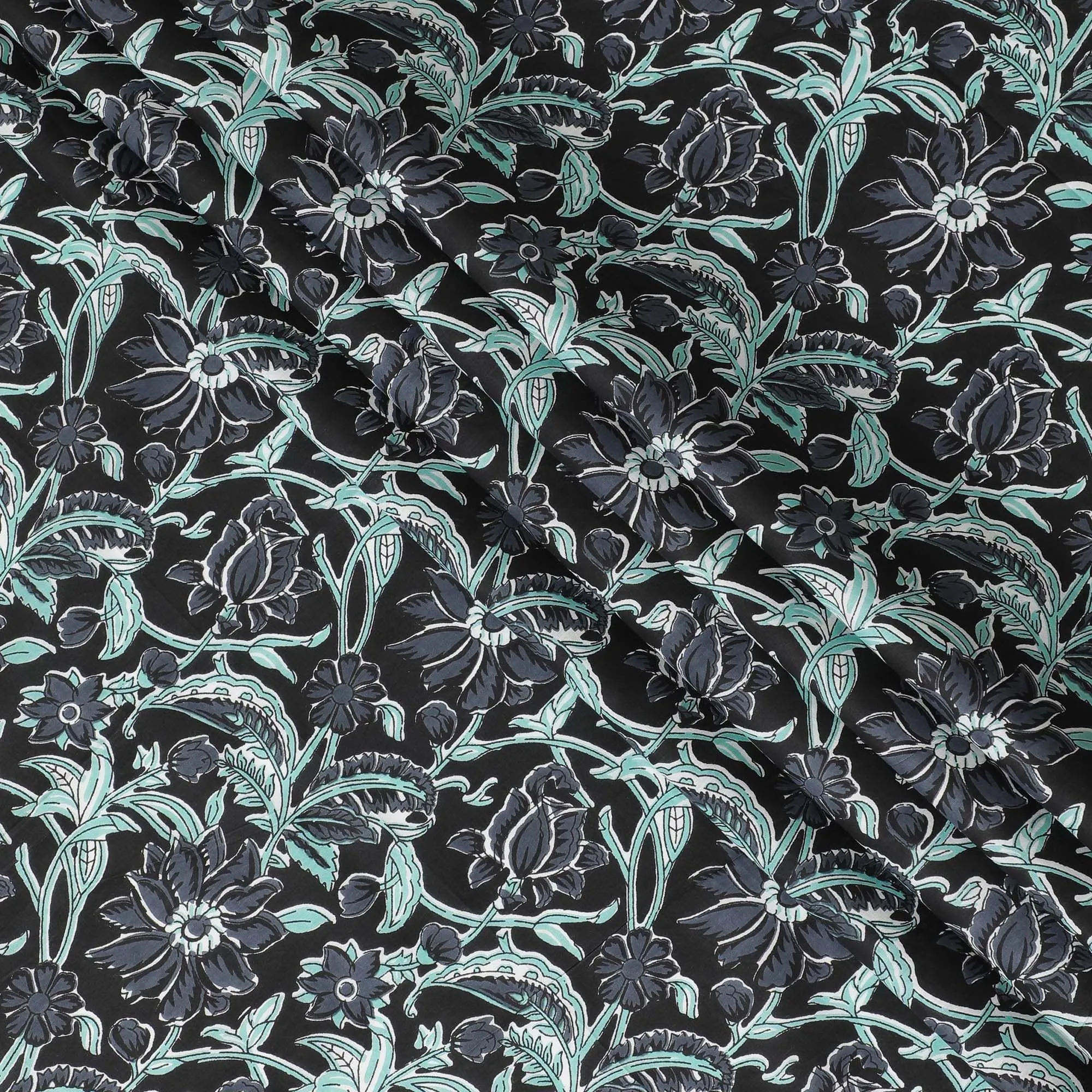 Black organic cotton fabric with stone grey, vista green and off white screen block print in floral design-D10283