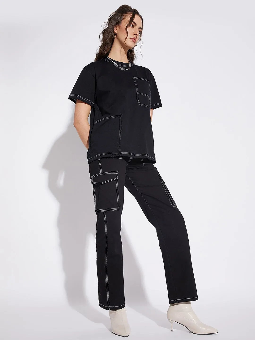 Black Unisex Oversized Carpenter Tshirt & Cargo Pants Combo Set