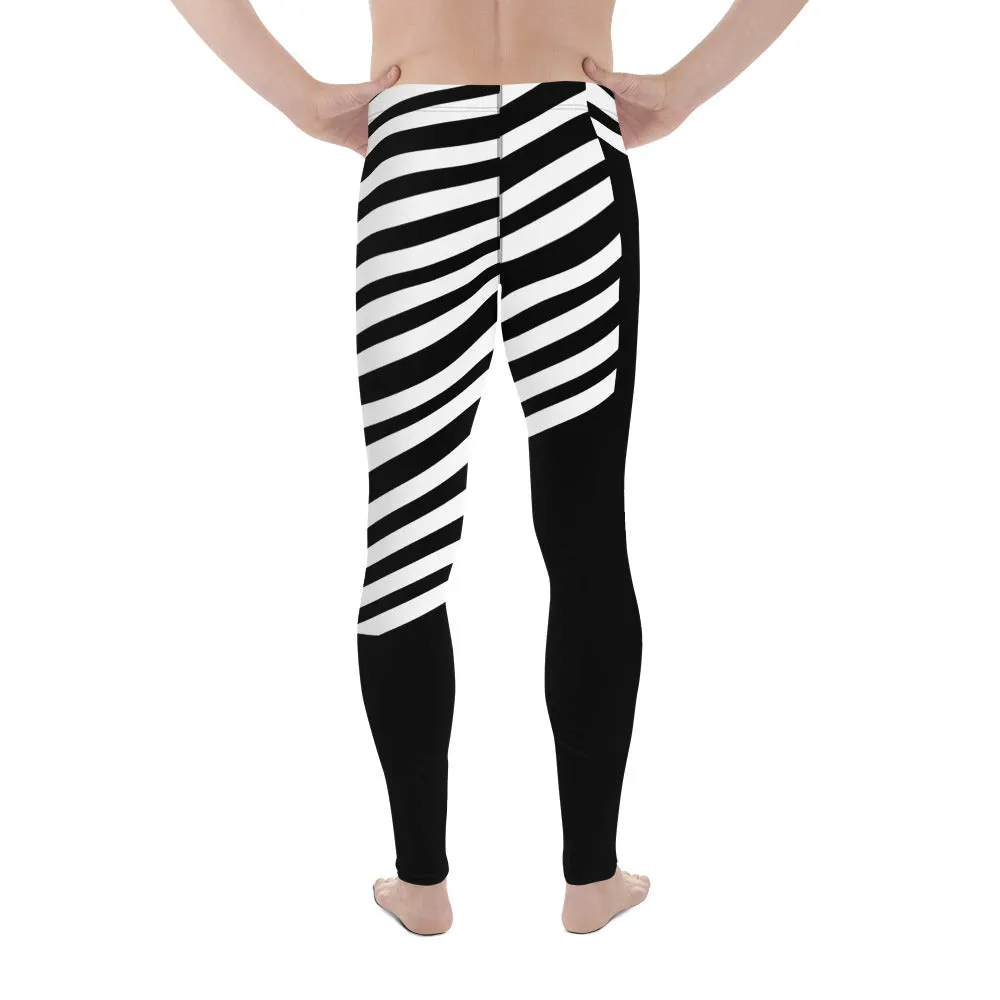 Black White Striped Meggings, Designer Men's Leggings, Designer Minimalist Black White Modern Meggings-Made in USA/EU/MX