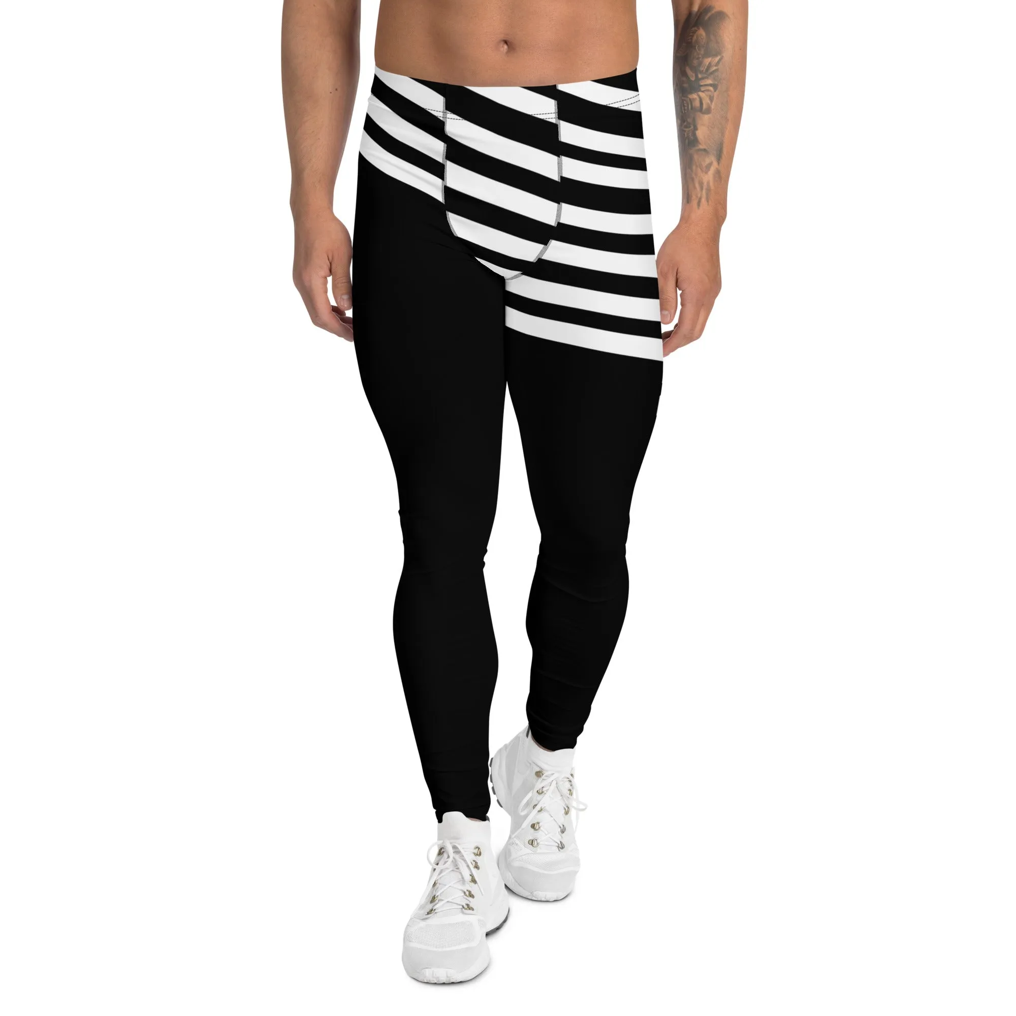 Black White Striped Meggings, Designer Men's Leggings, Designer Minimalist Black White Modern Meggings-Made in USA/EU/MX