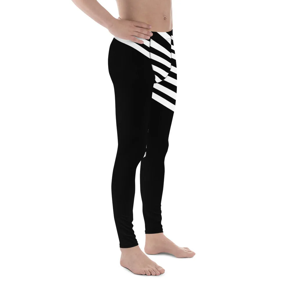 Black White Striped Meggings, Designer Men's Leggings, Designer Minimalist Black White Modern Meggings-Made in USA/EU/MX