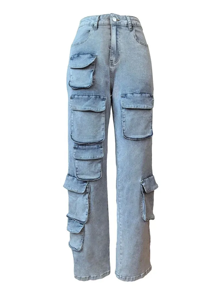 Blue Autumn Casual Pocket Loose Denim Pants Women High Waisted Button Straight Jean Trousers