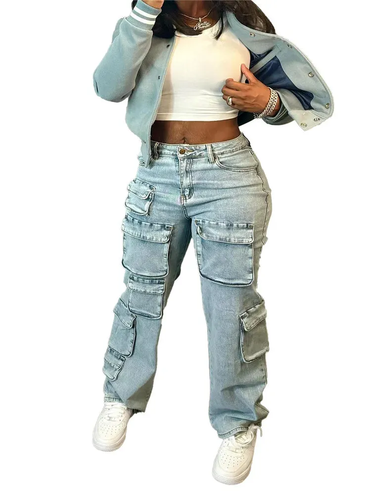 Blue Autumn Casual Pocket Loose Denim Pants Women High Waisted Button Straight Jean Trousers