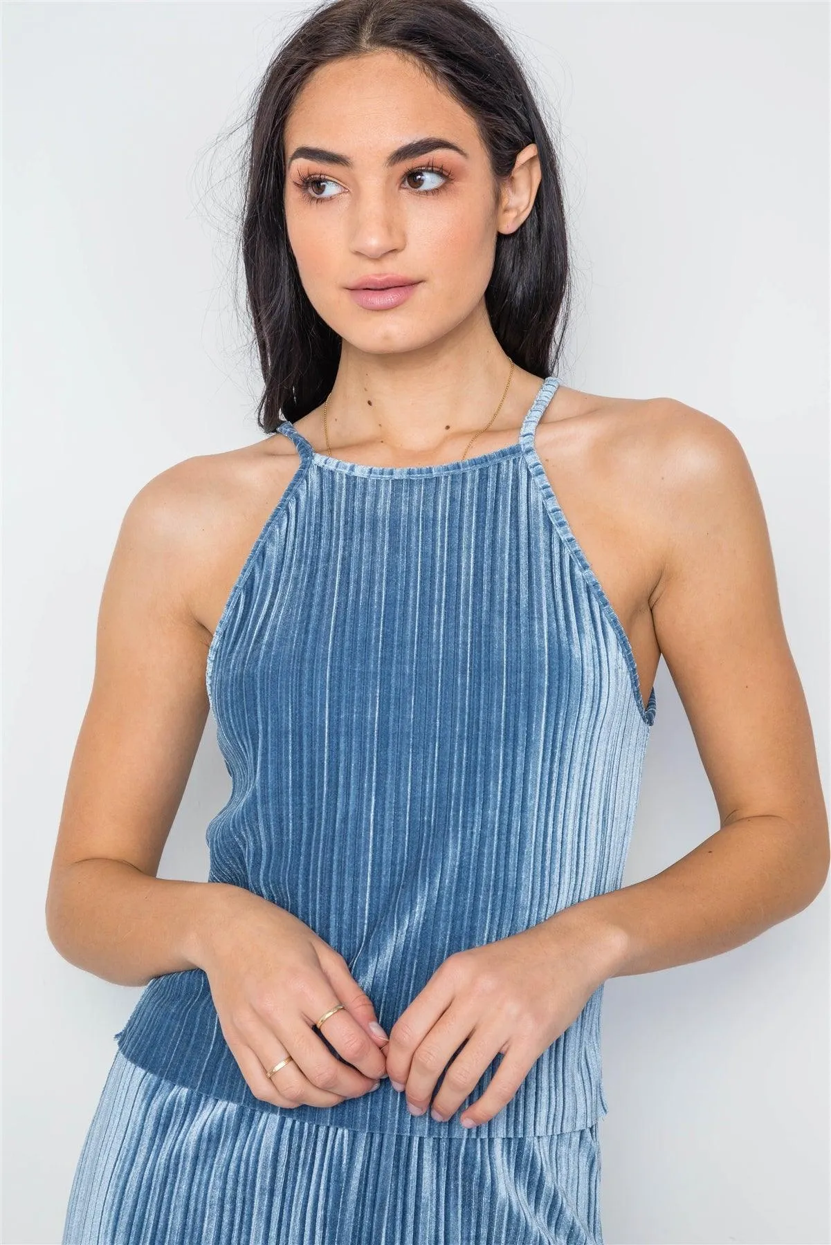 Blue Ribbed Velvet Crop Top And Pants Set /2-2-2