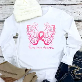 Breast Cancer Awareness Filigree Butterfly White Long Sleeve Tee