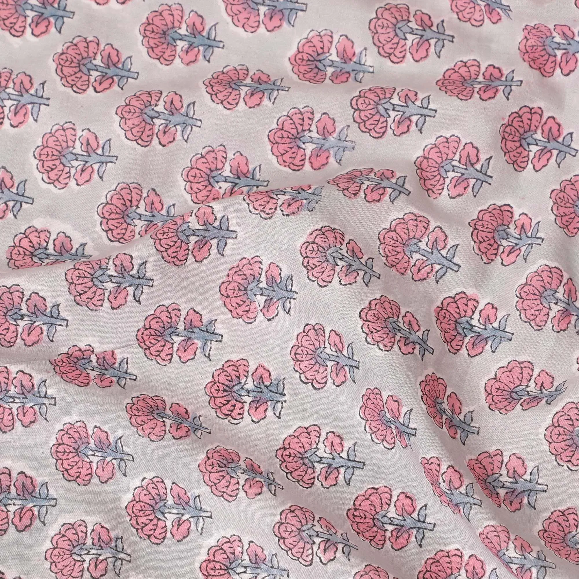 Cloud grey organic cotton fabric with baby pink, black and coin grey print in floral design-D13868