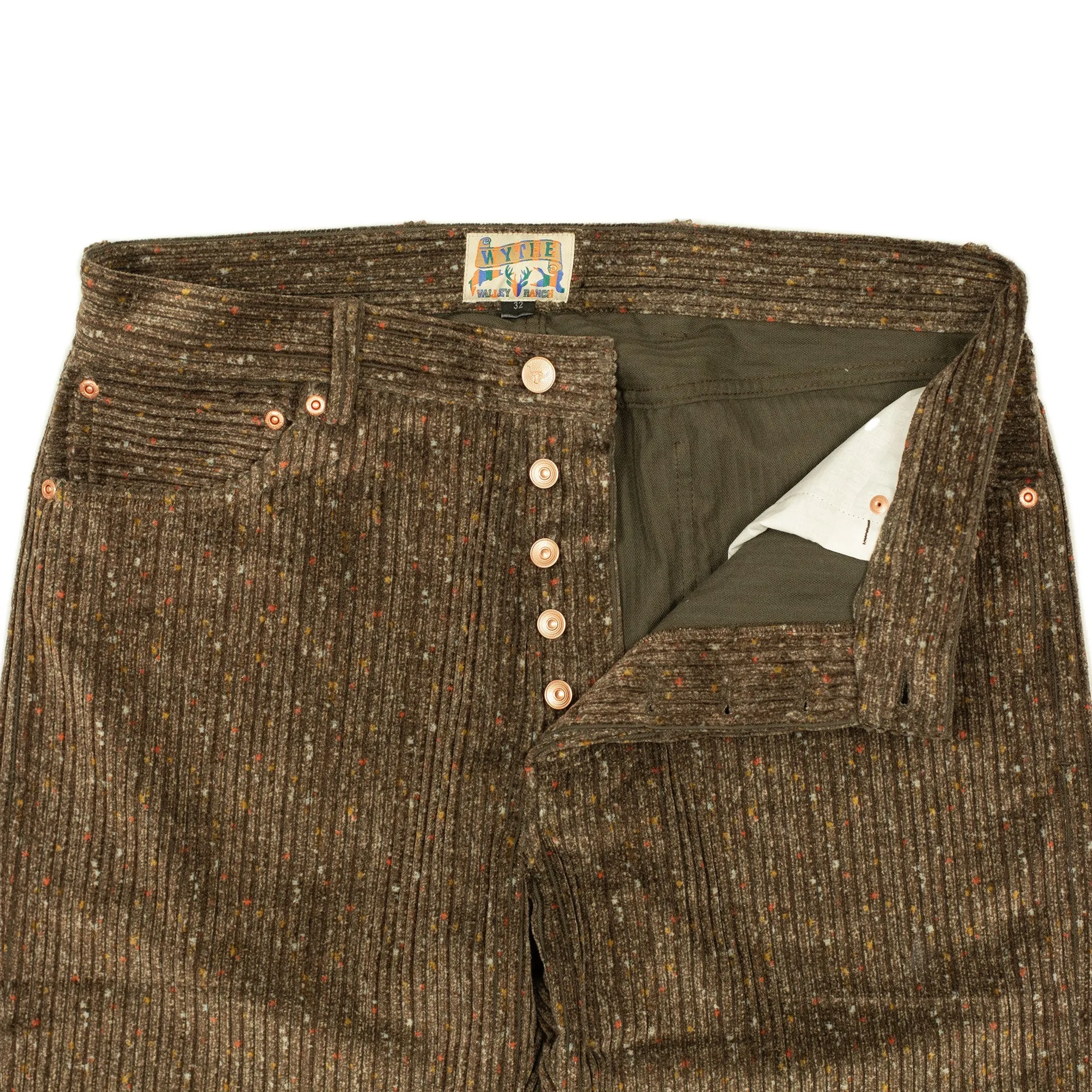 Five pocket pants in rustic brown donegal Italian cotton corduroy