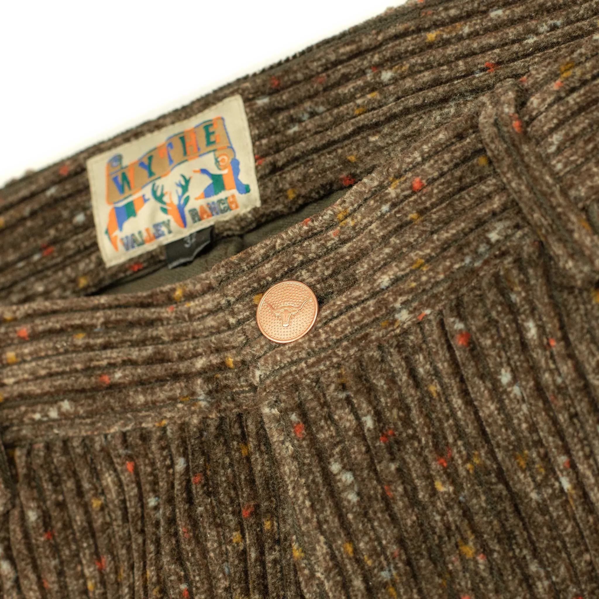 Five pocket pants in rustic brown donegal Italian cotton corduroy