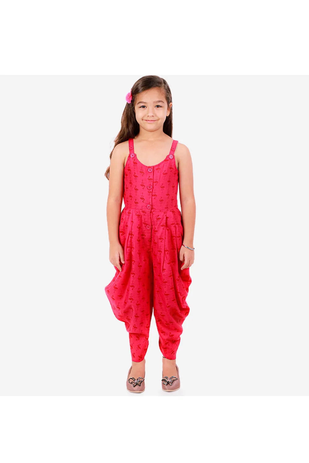 Fuchsia flamingo printed dhoti jumpsuit with short jacket