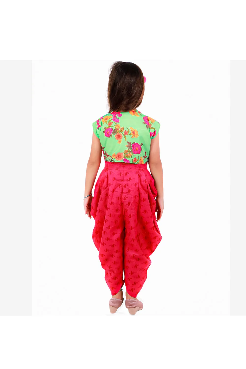 Fuchsia flamingo printed dhoti jumpsuit with short jacket