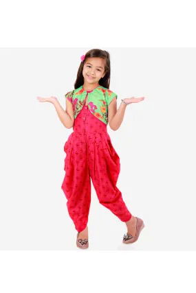 Fuchsia flamingo printed dhoti jumpsuit with short jacket