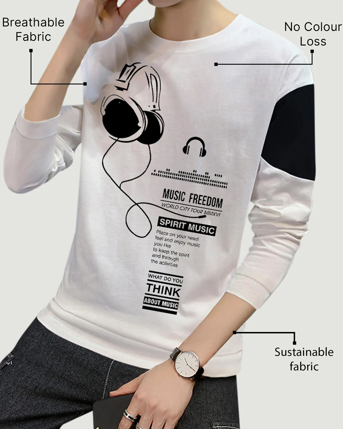 Full Sleeve Music Printed White Tshirt