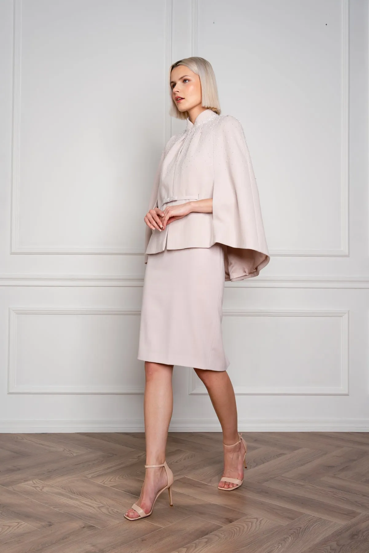 GALATELLA PALE PINK WOOL CREPE CAPE WITH CRYSTAL EMBROIDERY AND BELT