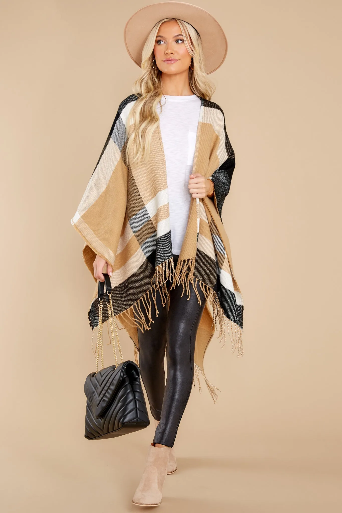 Give Me S'Mores Tan Multi Plaid Poncho Cardigan