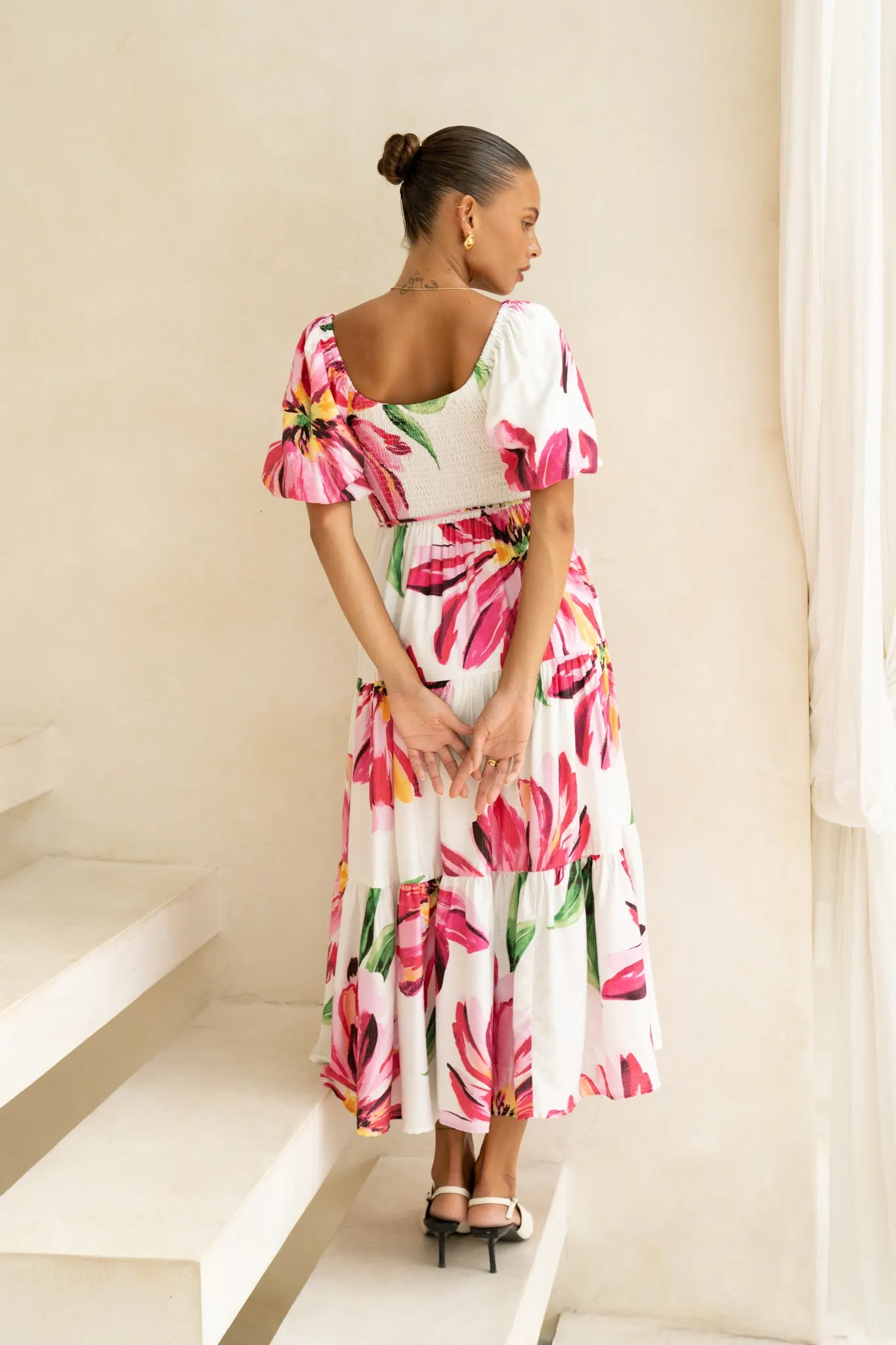 Gracie Pink Floral Puff Sleeve Midi Dress