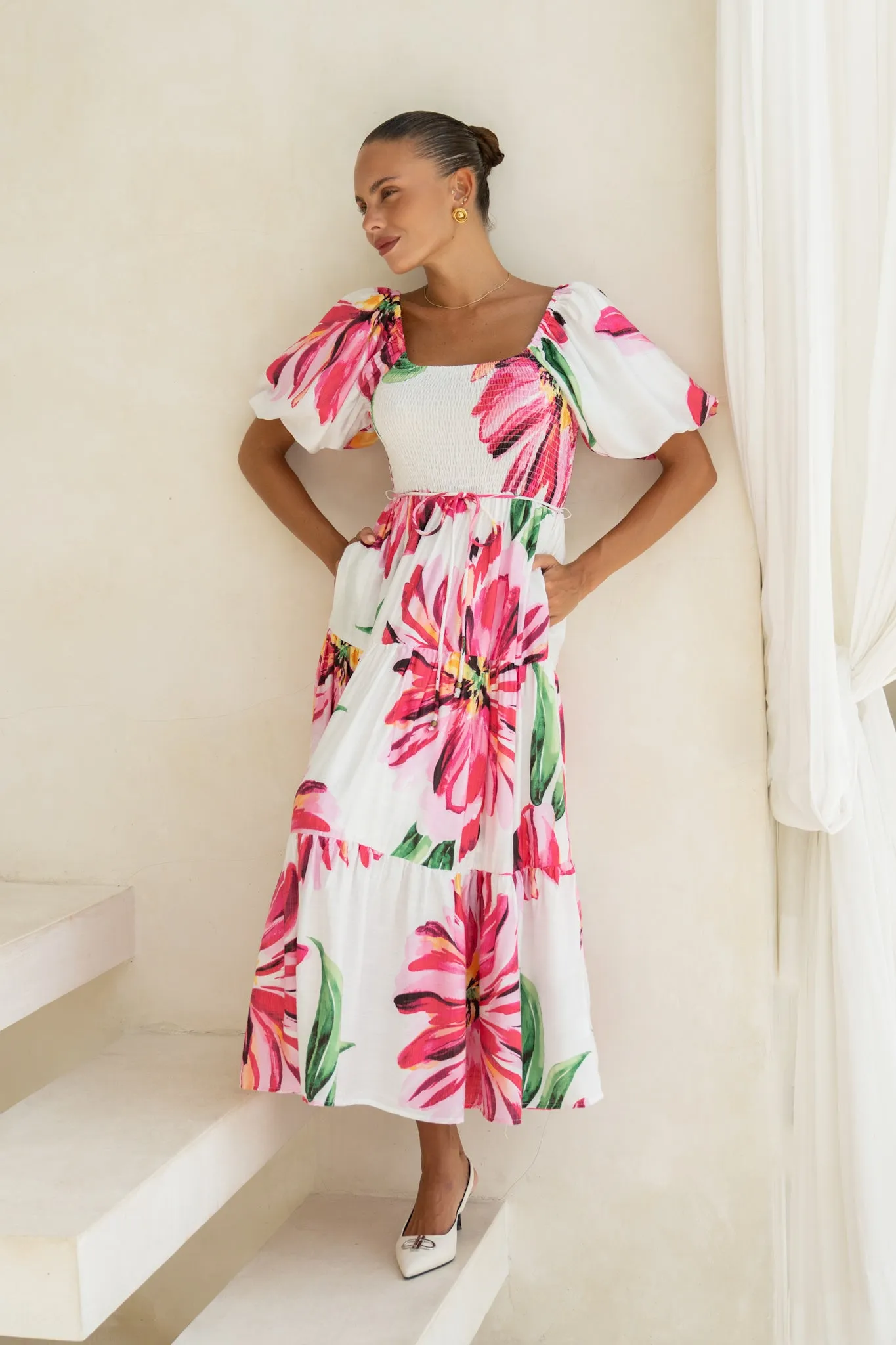 Gracie Pink Floral Puff Sleeve Midi Dress