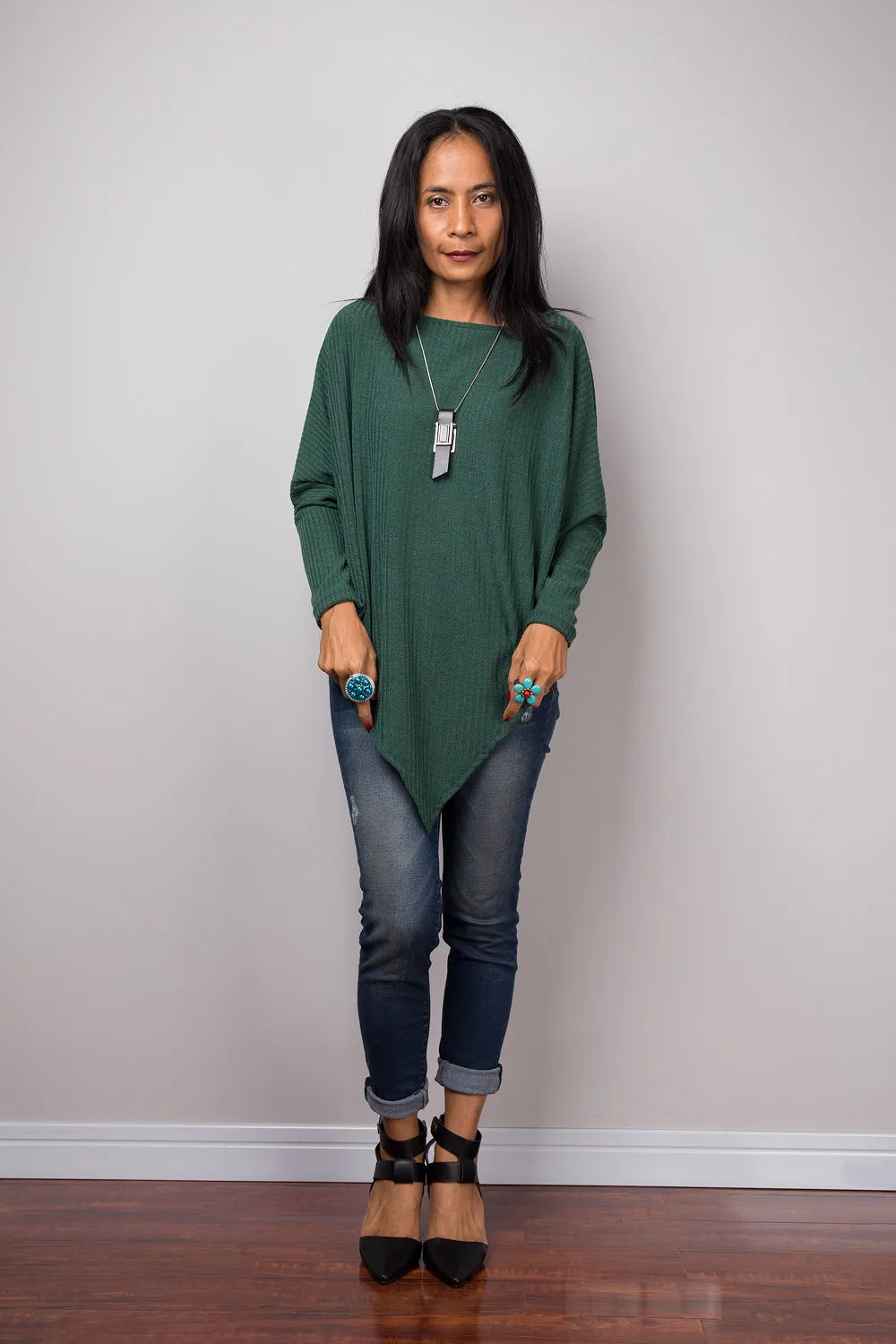 Green Sweater, Long sleeve tunic, Green Pullover, Poncho sweater, Green top, Sweater women, knit sweater, pullover sweater