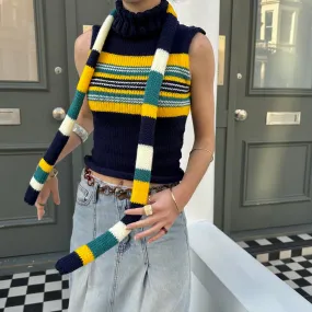 Handmade knitted stripy skinny scarf in navy, cream, yellow and teal