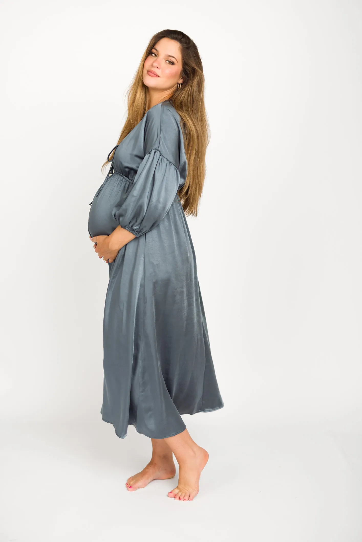 Hunter Premium *Satin* Midi Dress in Blue Granite - Bump Friendly