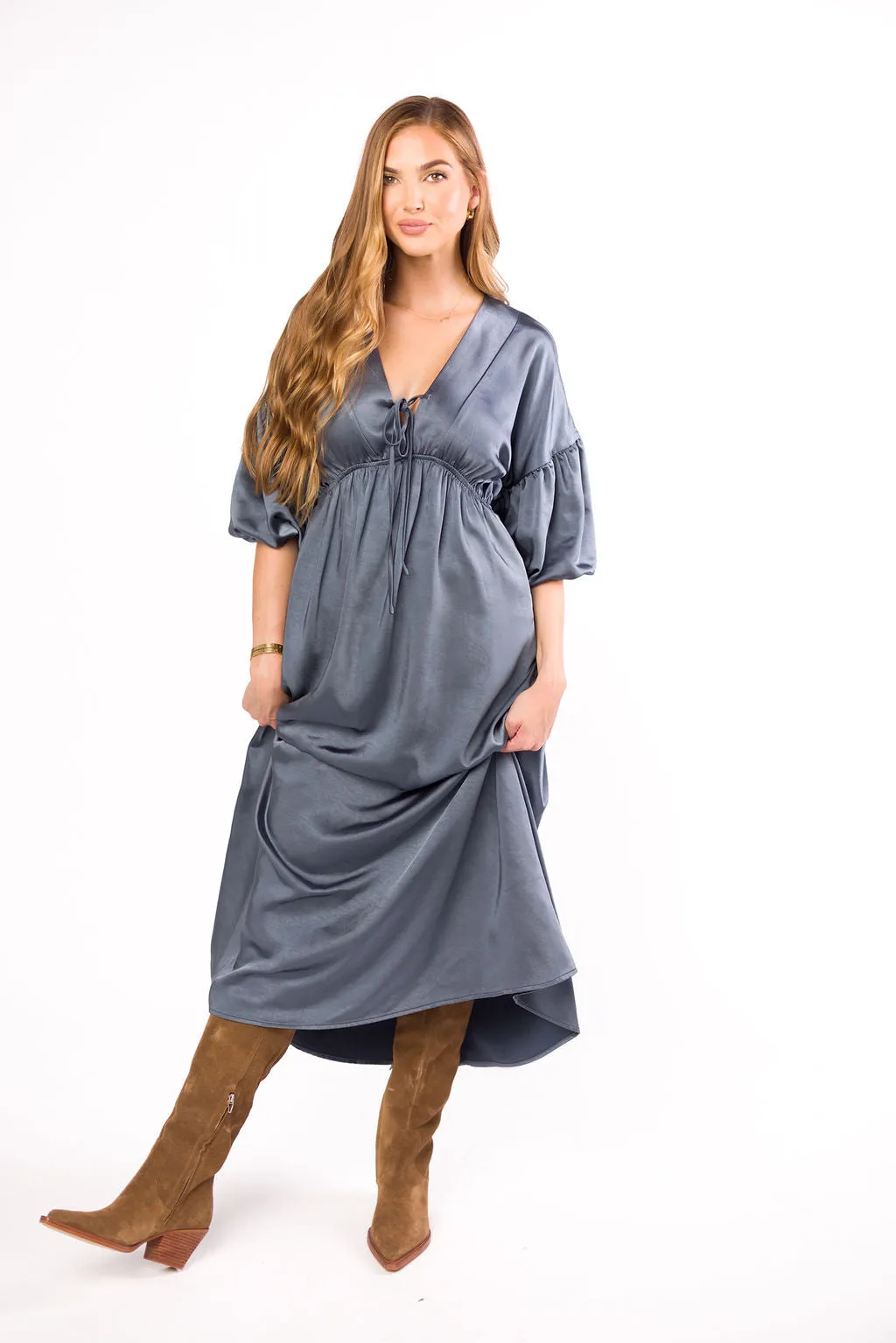 Hunter Premium *Satin* Midi Dress in Blue Granite - Bump Friendly