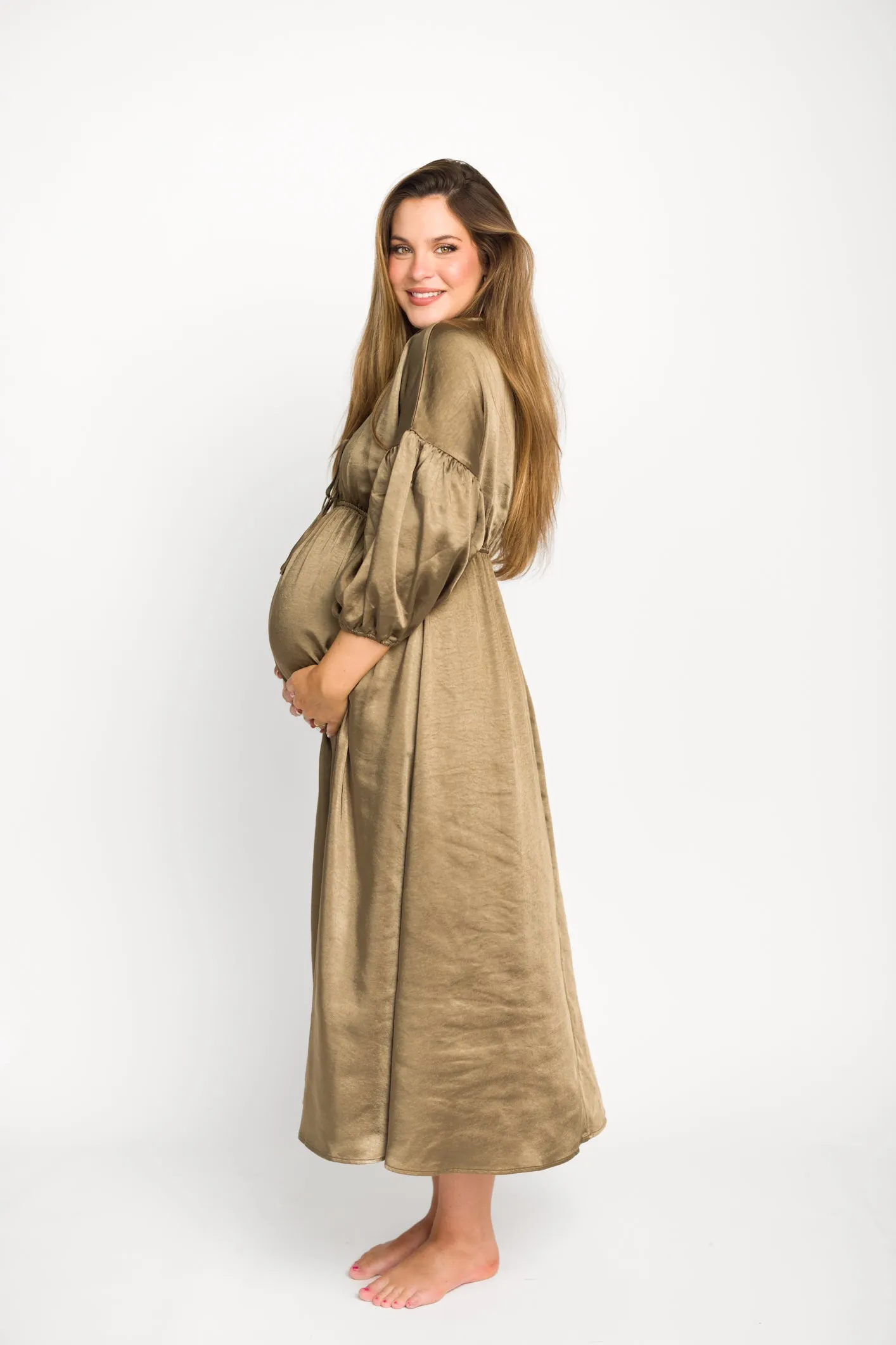 Hunter Premium *Satin* Midi Dress in Tapenade - Bump Friendly