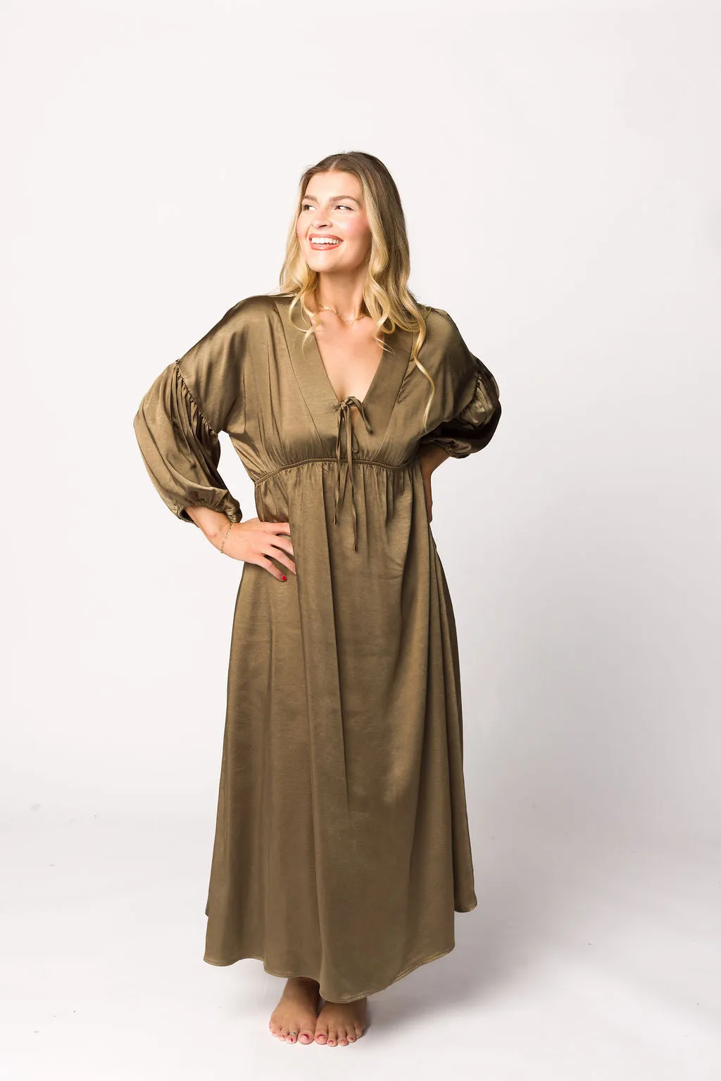 Hunter Premium *Satin* Midi Dress in Tapenade - Bump Friendly