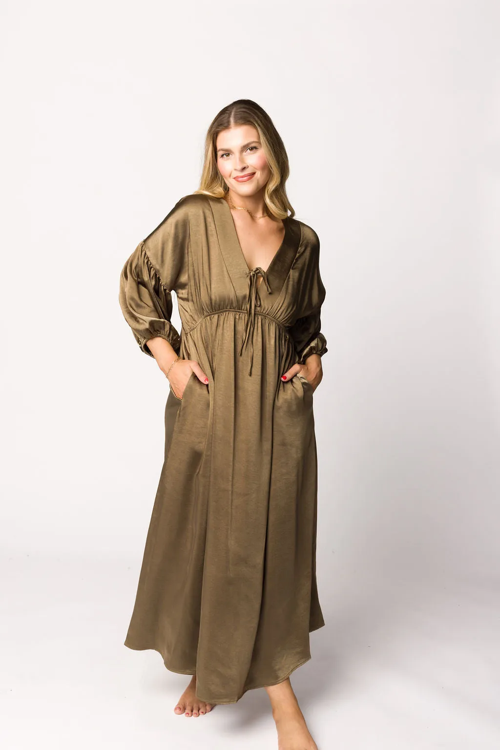 Hunter Premium *Satin* Midi Dress in Tapenade - Bump Friendly