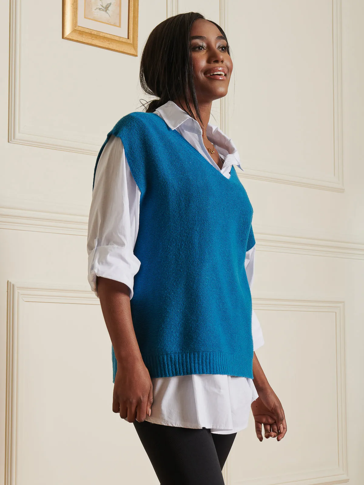 Knitted V-Neck Jumper Vest, Teal