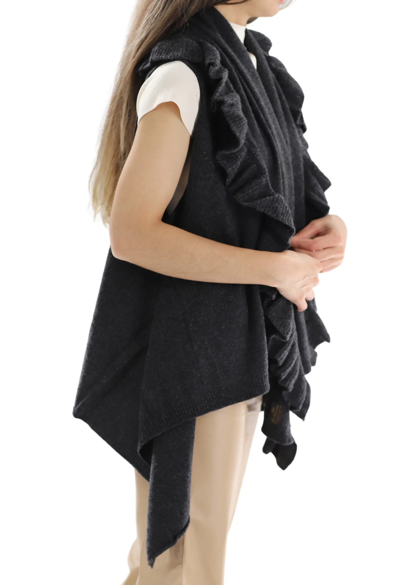 La Fiorentina Knitted Charcoal Grey Vest with Ruffles - Wool/Cashmere Blend - One Size (90 x 146 cm)