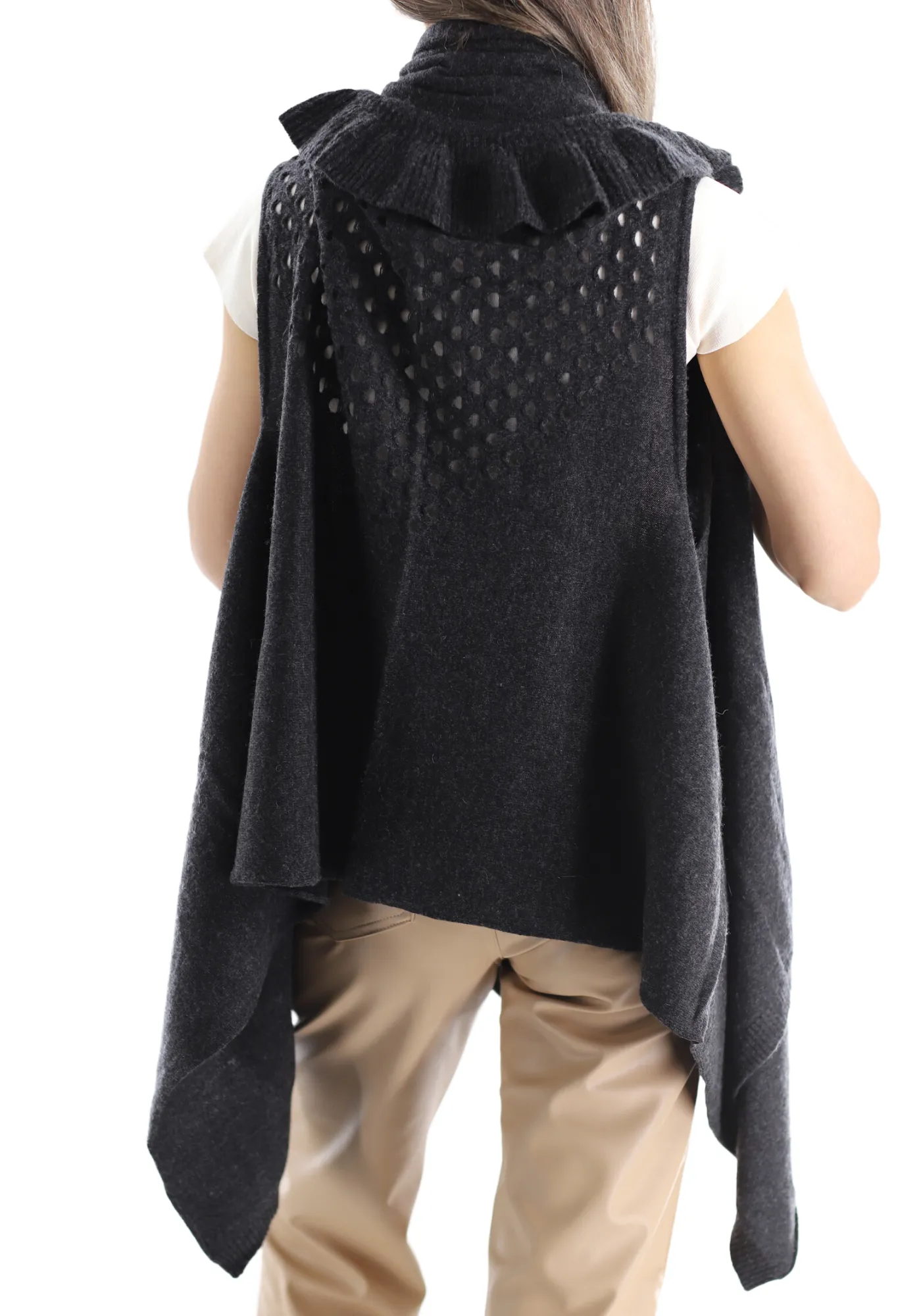 La Fiorentina Knitted Charcoal Grey Vest with Ruffles - Wool/Cashmere Blend - One Size (90 x 146 cm)