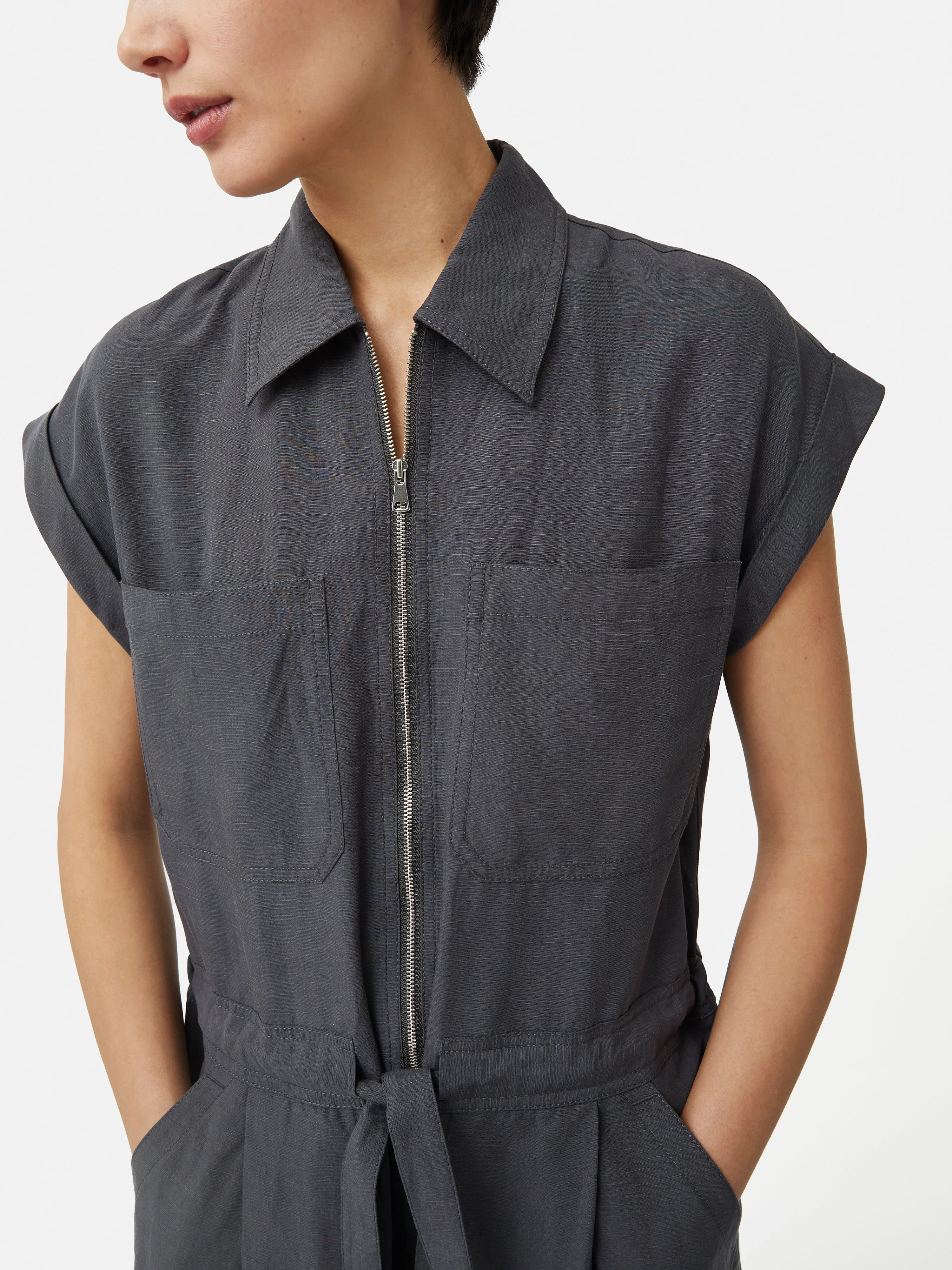 Linen Zip Front Jumpsuit | Dark Grey