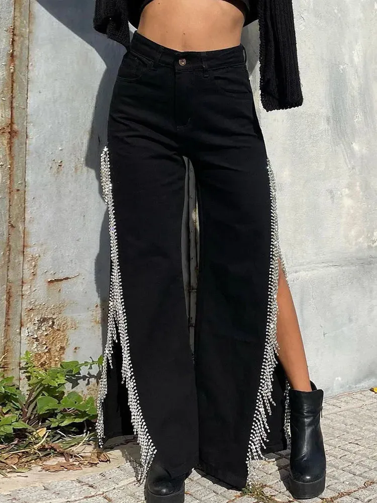 Long Slit Black Streetwear Casual Baggy Loose Summer Cargo Rhinestone Chain Pants