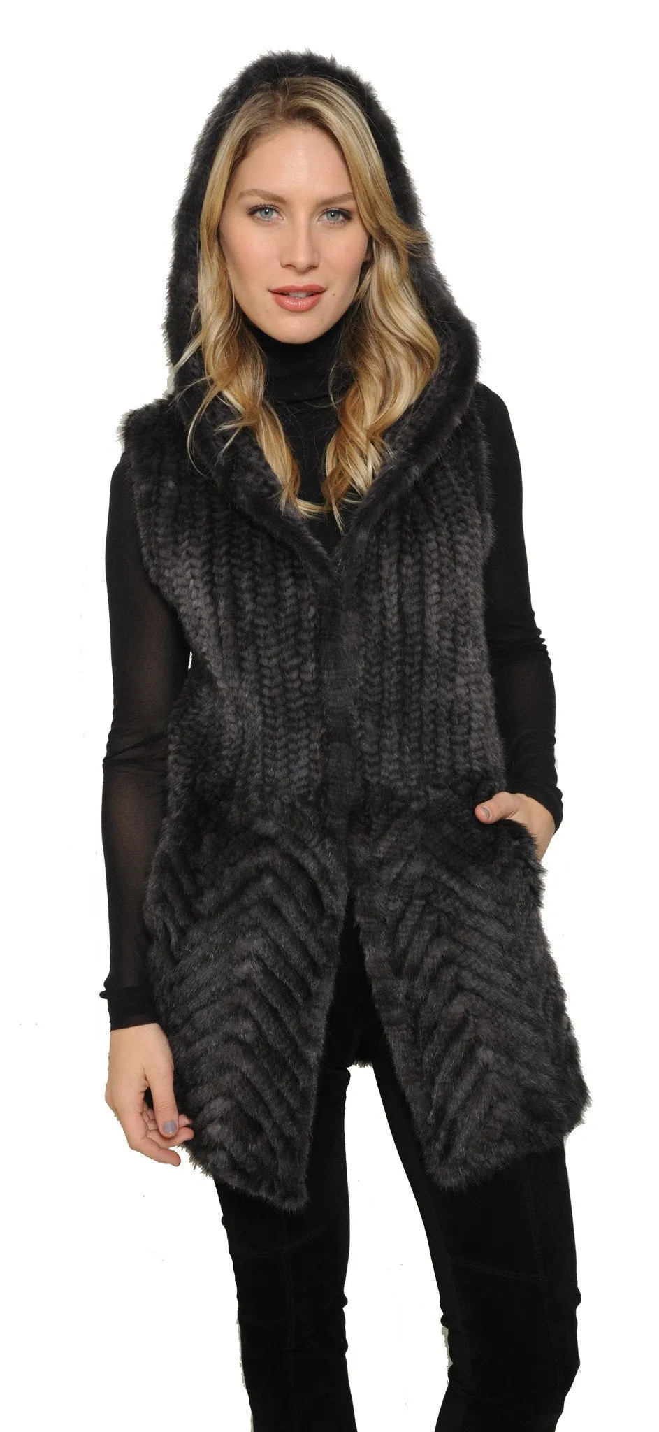 LOOE - Herribone Mink Fur Vest with Hood