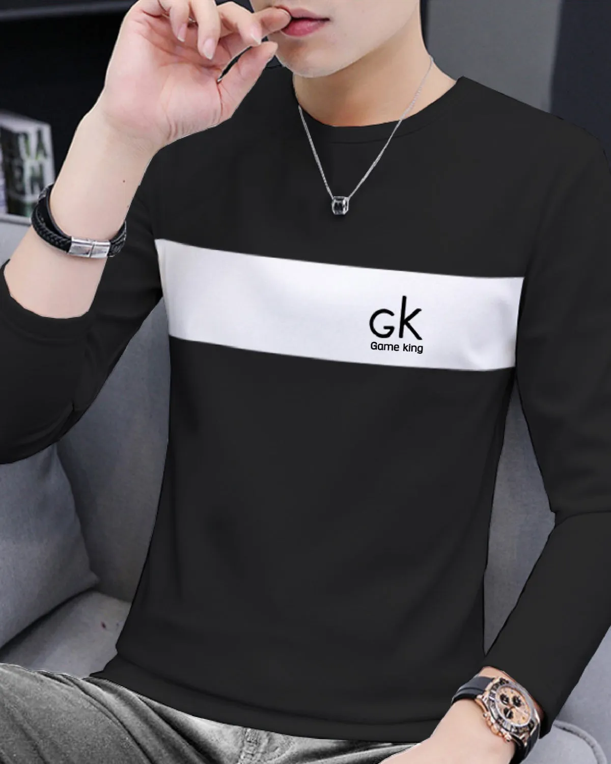 Men Black White Striped Full Sleeve T-Shirt