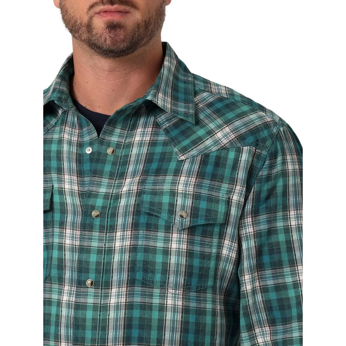 MEN'S WRANGLER RETRO® PREMIUM LONG SLEEVE WESTERN SNAP PLAID SHIRT IN GREEN DAZE